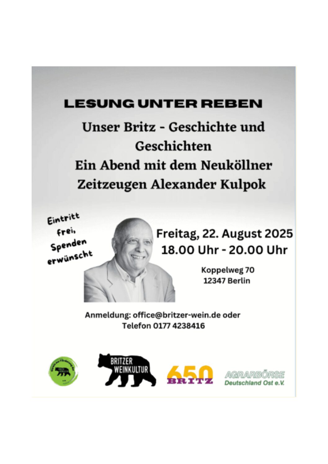 You are currently viewing  Lesung unter Reben: Unser Britz - Geschichte und Geschichten